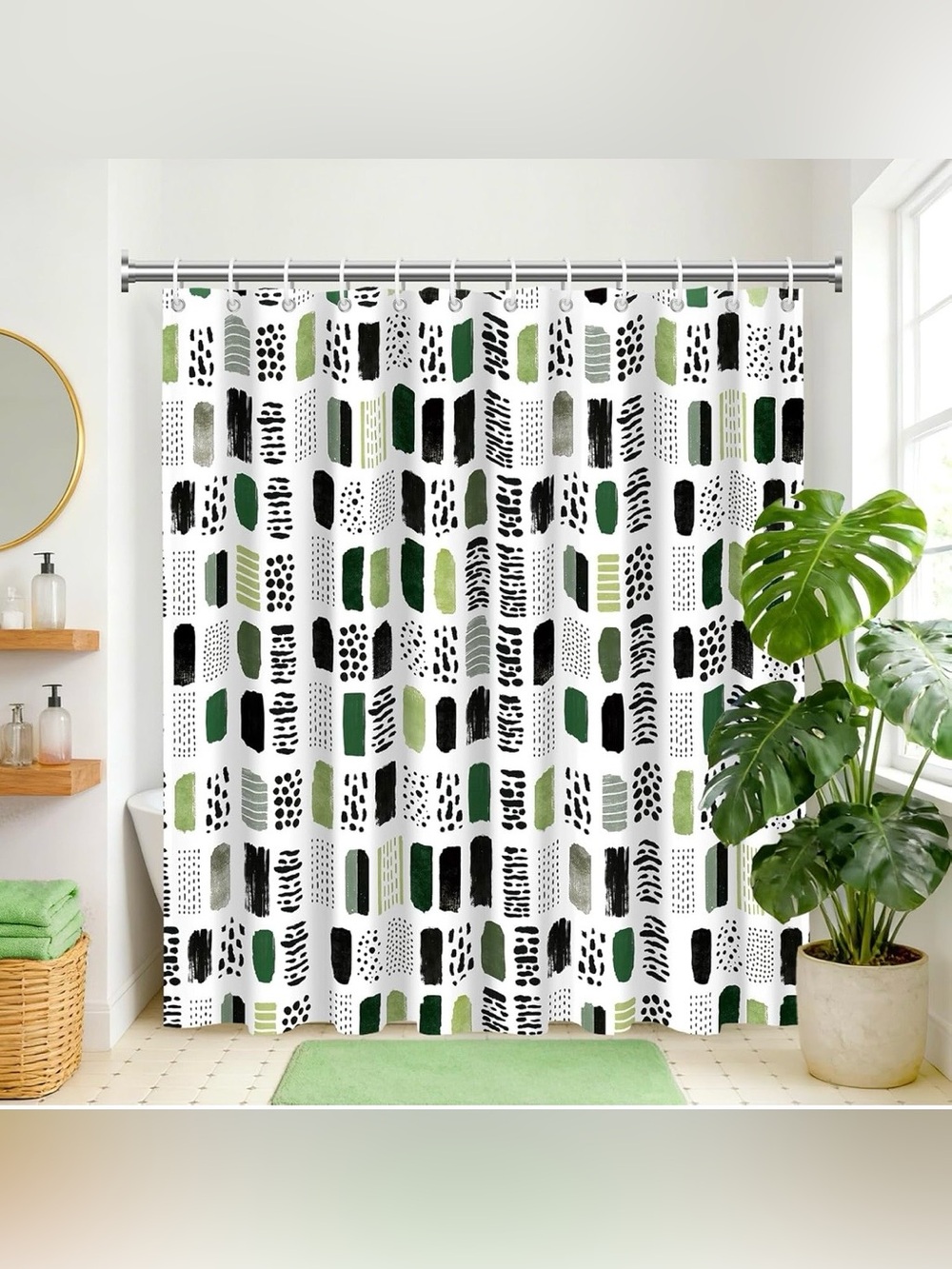 NEW Sage Green & Black Abstract Boho Shower Curtain - 72”x72” - Polyester